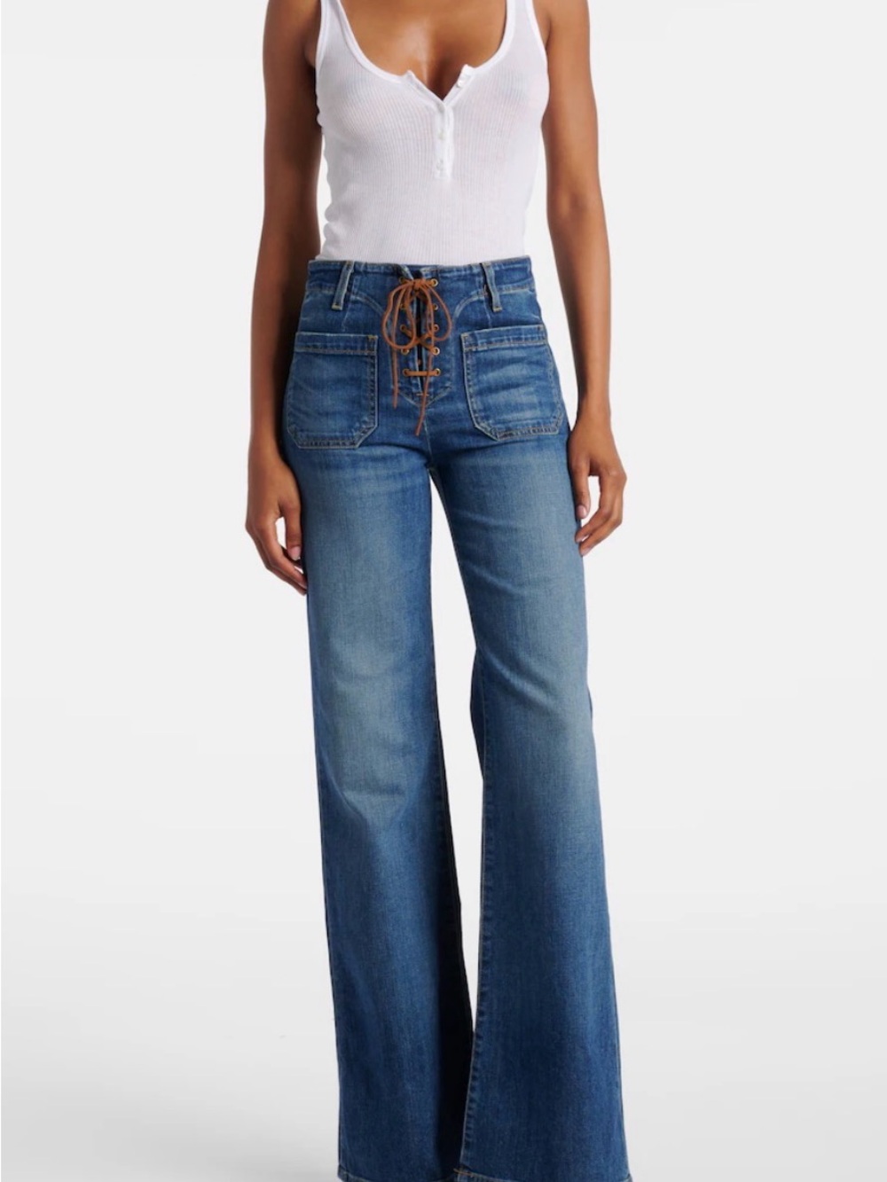 High-Rise Lace-Up Wide Leg Jeans - Blue